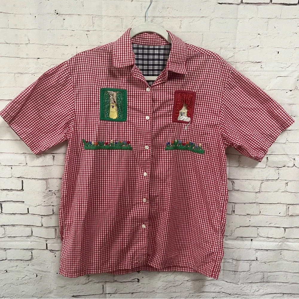 VTG 90s Casey Max Gingham Plaid Embroidered Cat Garden Shirt Red Windows Medium - Picture 9 of 9